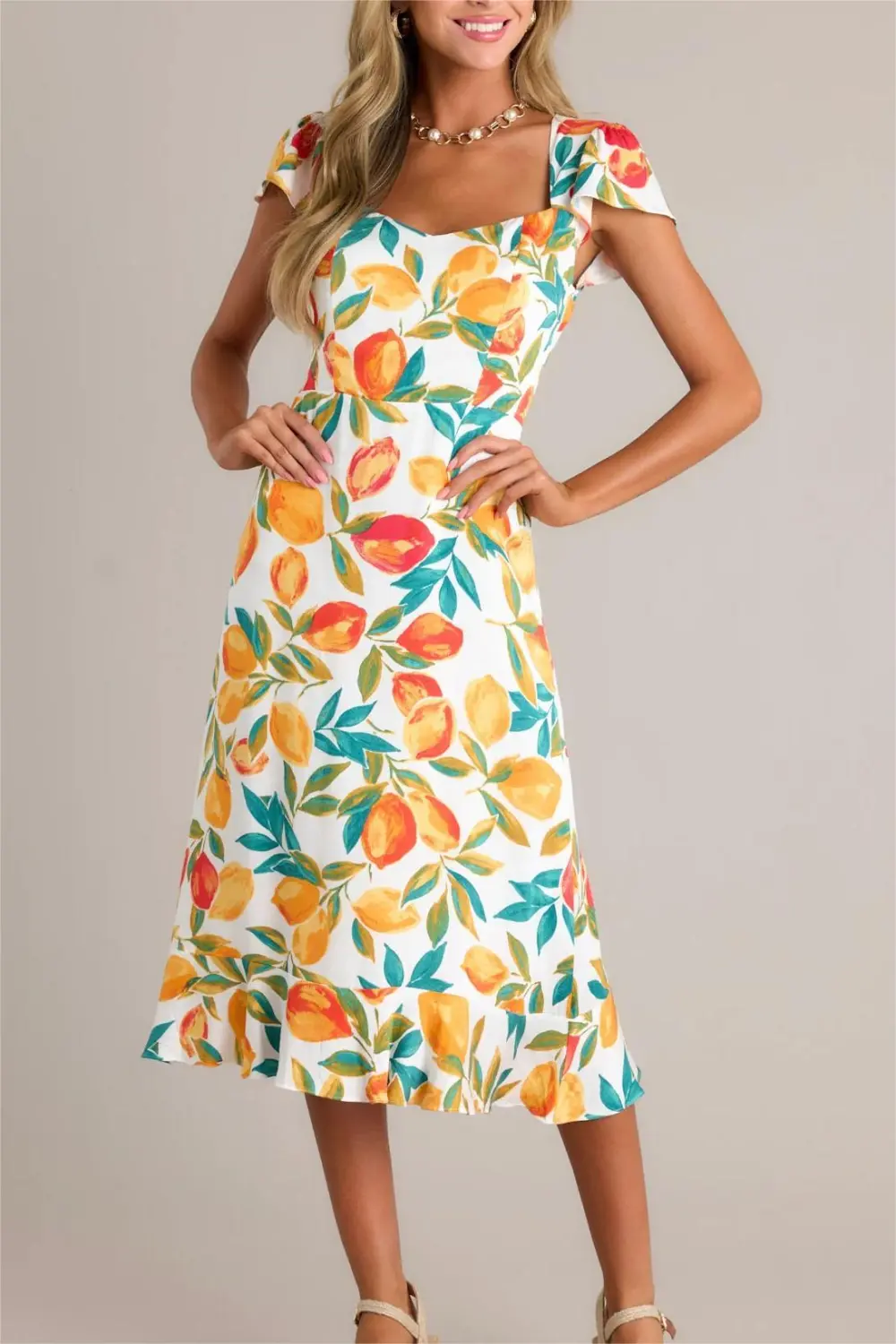 SUNSHINE & BLISS IVORY MULTI CITRUS PRINT MIDI DRESS