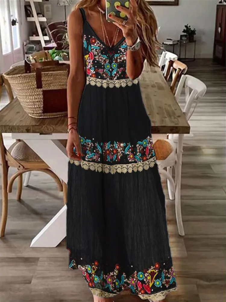 Vintage Boho Floral Embroidered Tiered Cami Maxi Dress