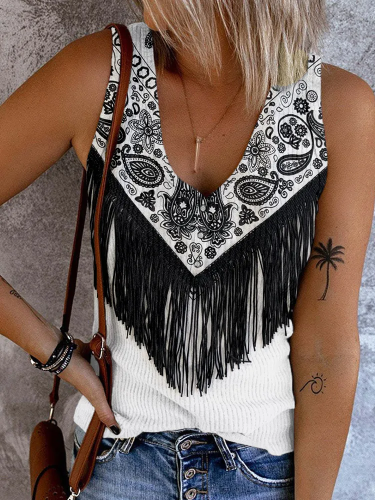 Western Paisley Tassels Button Up Tank Top