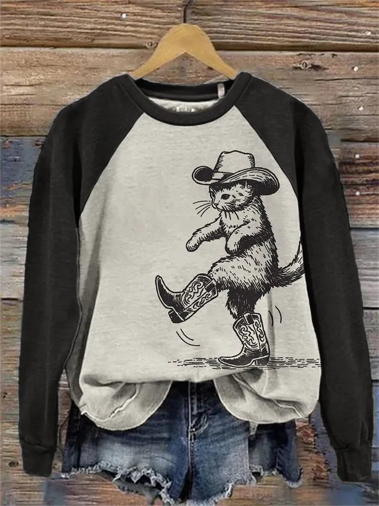 Lovely Cat Cowboy Contrast Color Raglan Sweatshirt