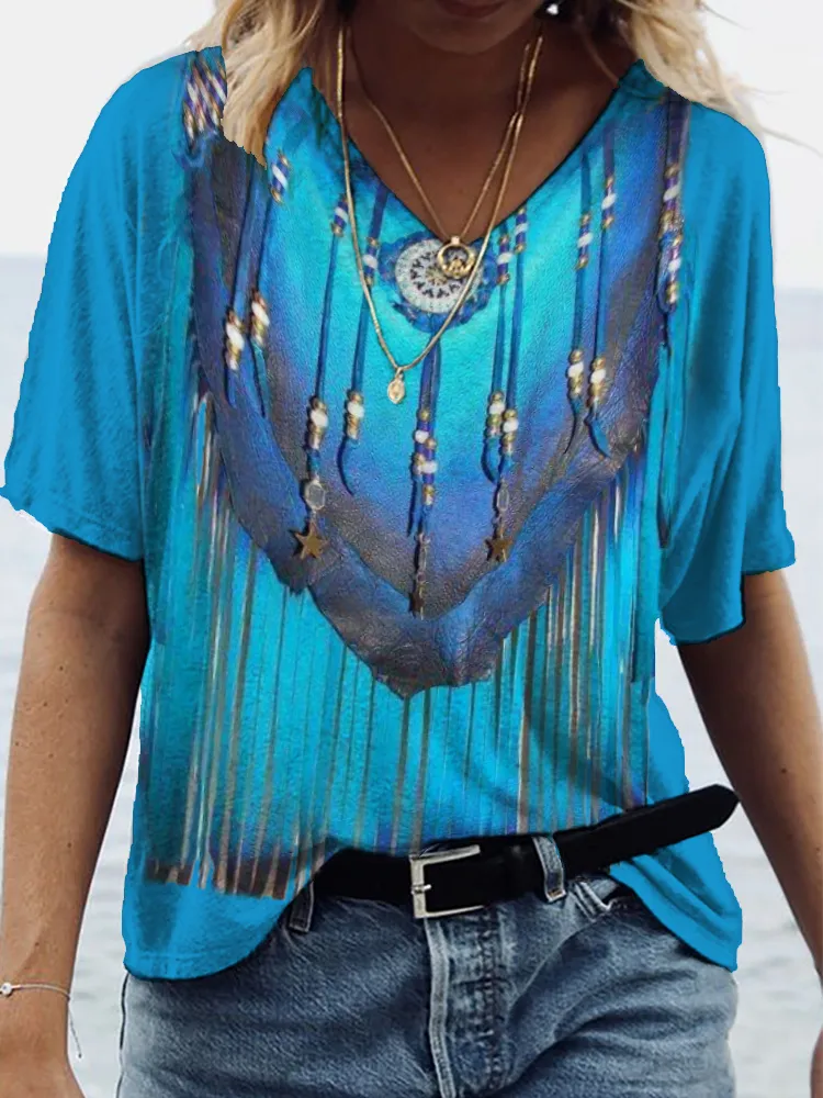 Western Leather Fringe Pattern V-Neck T-Shirt