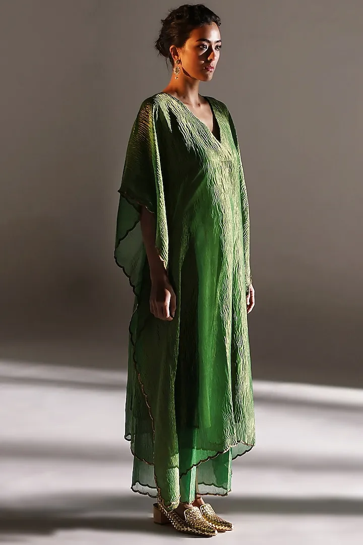 Emerald Green Silk Woven Embroidered Kaftan Set