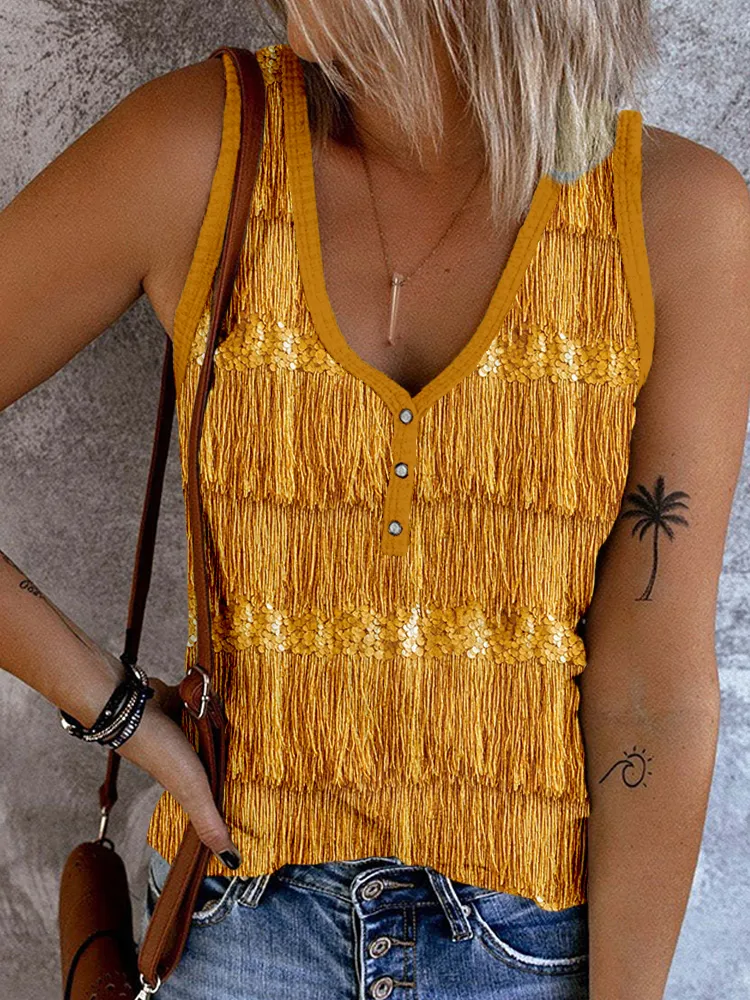 Gold Tinsel Fringe Button Up V Neck Tank Top