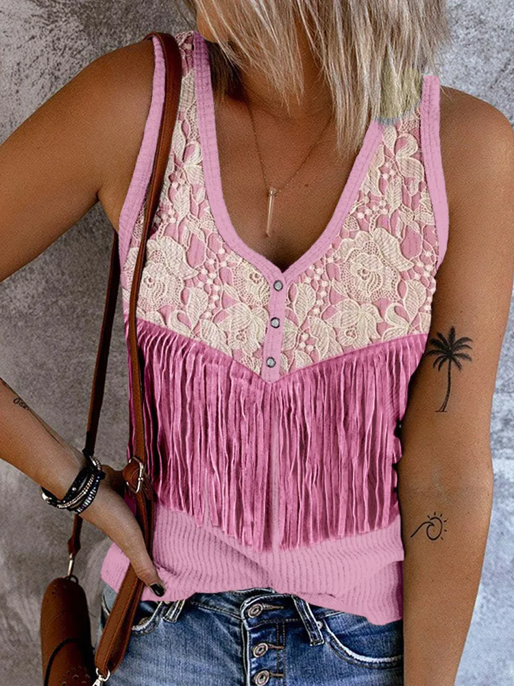 Western Lace Tassels Button Up V Neck Tank Top