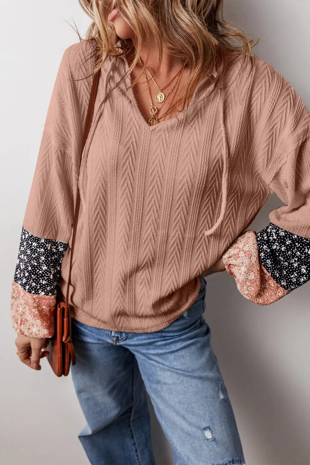 Beige Floral Patchwork Textured Drawstring V Neck Top