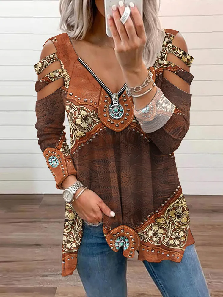 Western Floral Tribal Printed Zip Up T Shirt