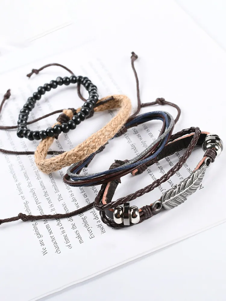 Vintage Metal Leaf Wax Rope Multilayer Bracelet