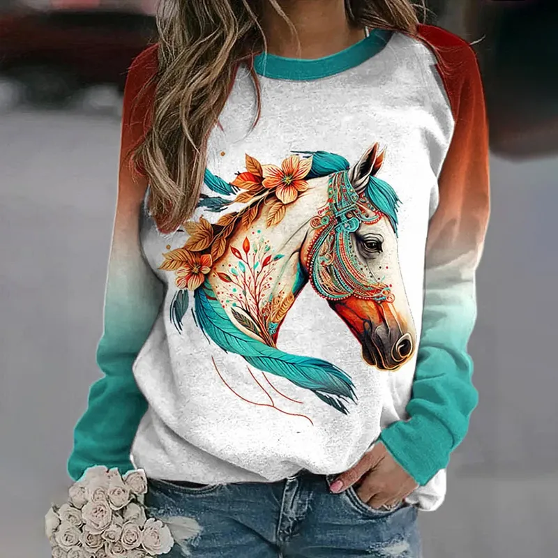 Western Gradient Horse Print Round Neck Casual Sweatshirt