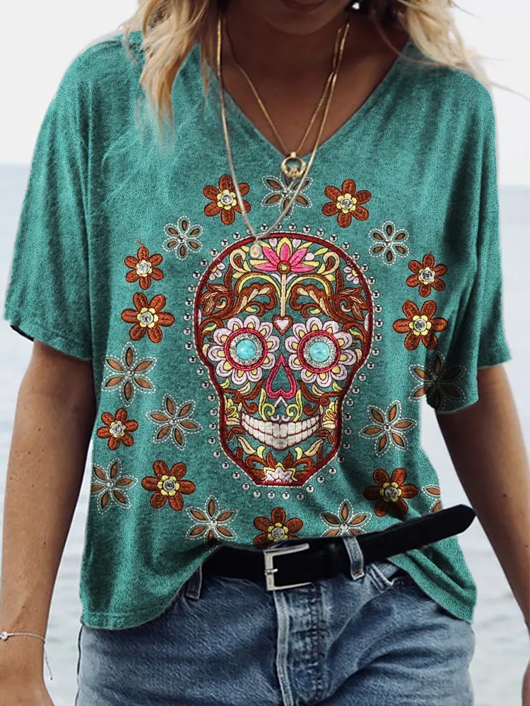 Sugar Skull Floral Leather Art V Neck T Shirt