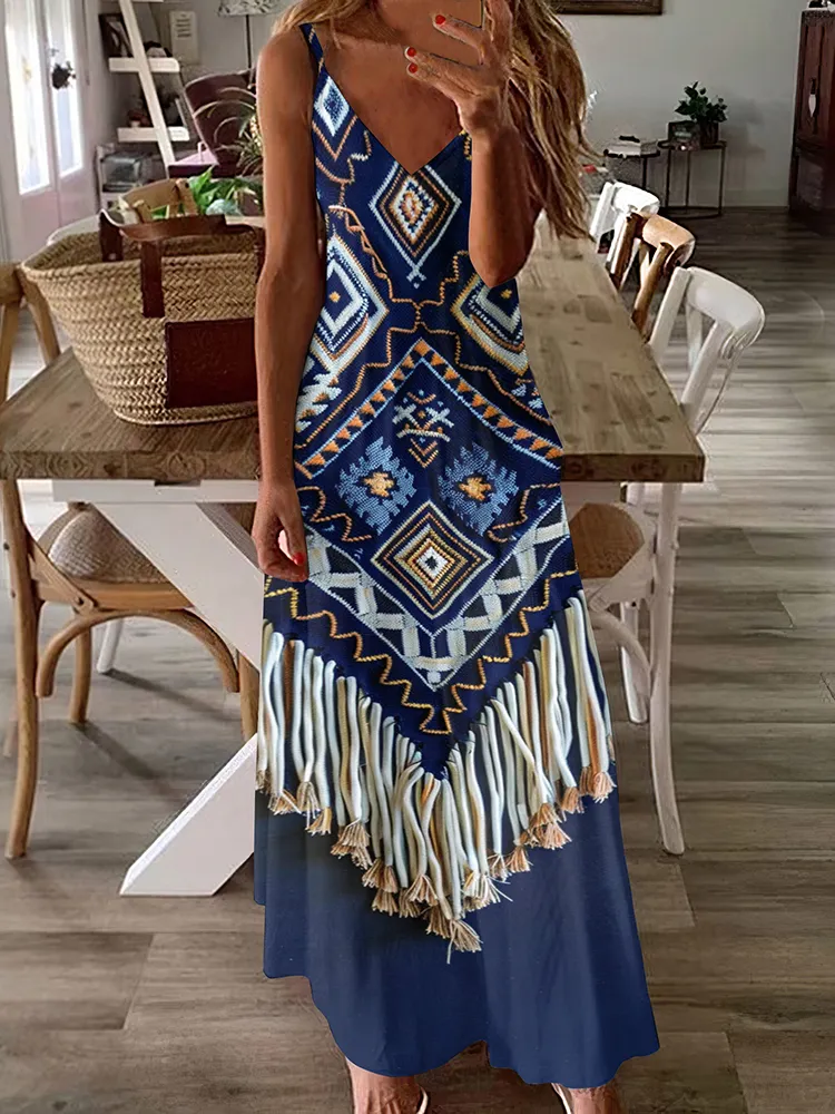 Western Ethnic Fringed Print V-Neck Maxi Dress