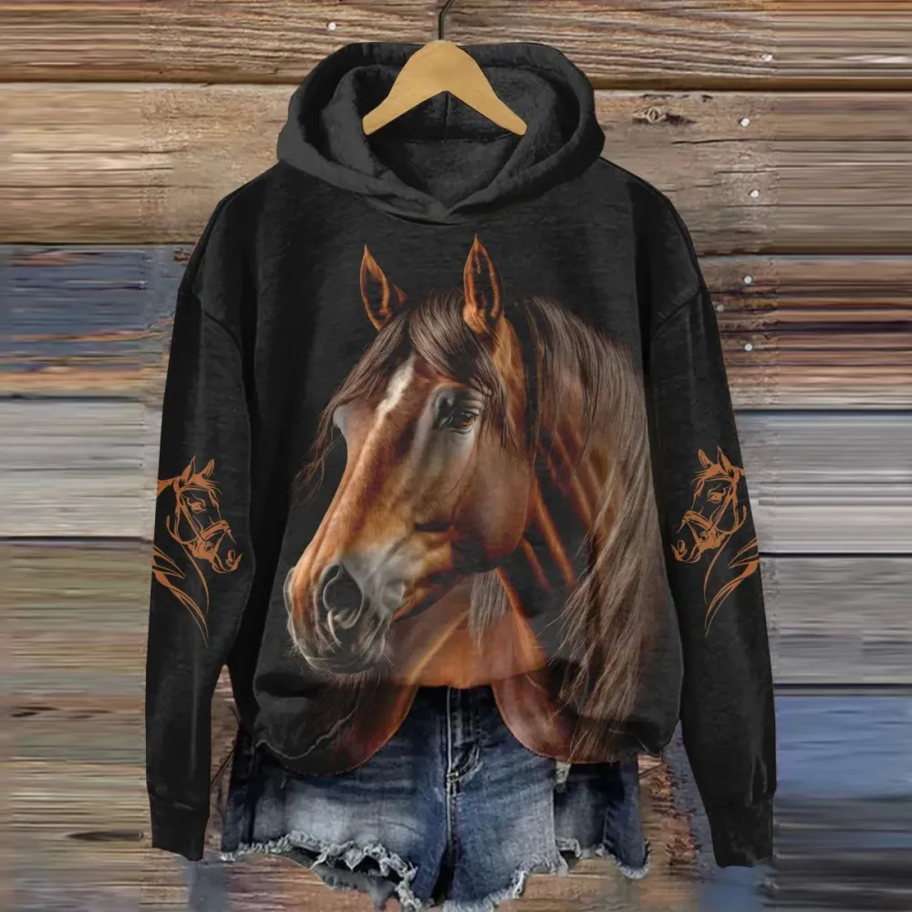 Western Horse Print Long Sleeve Hoodie