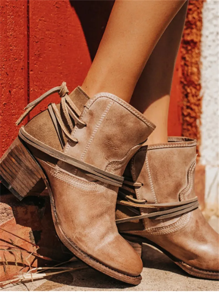 Laced Washed Leather Patchwork Ankle Boots