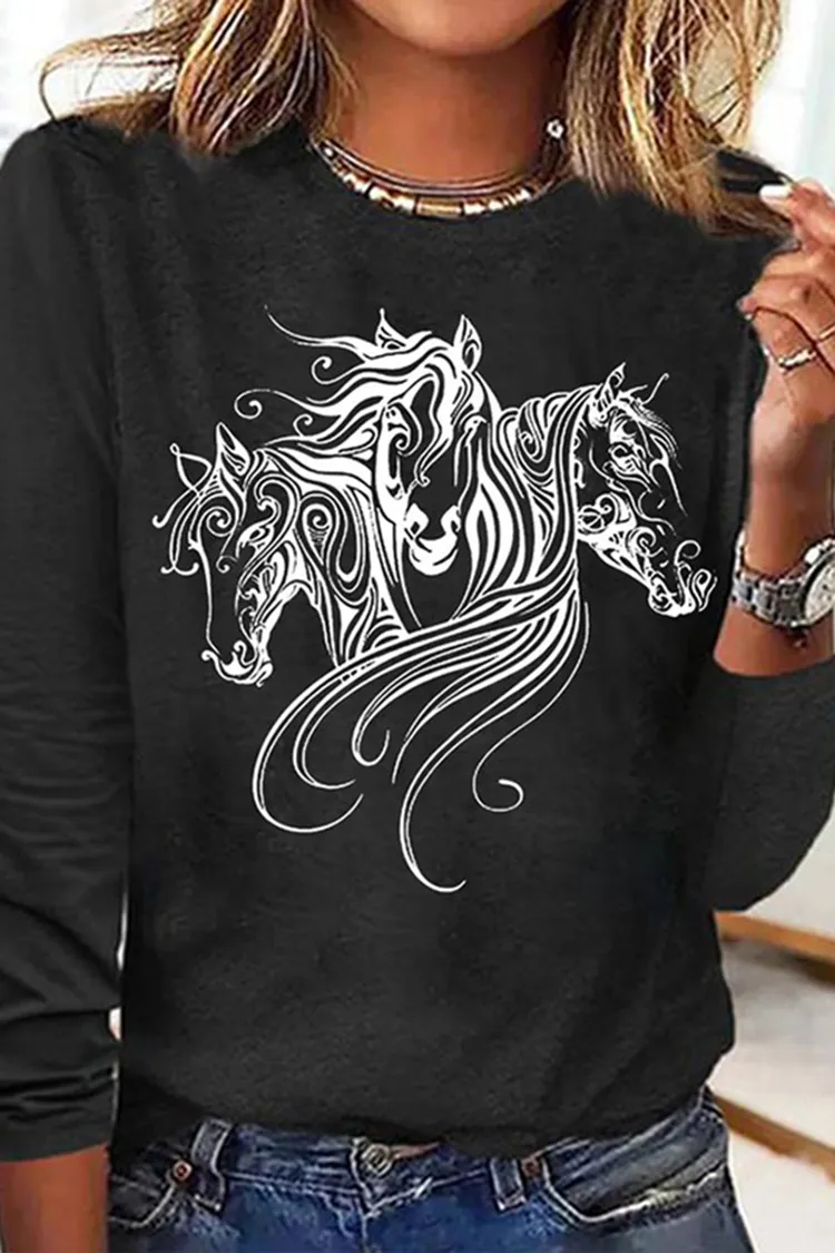 Vintage Horse Print Long Sleeve Casual T-Shirt