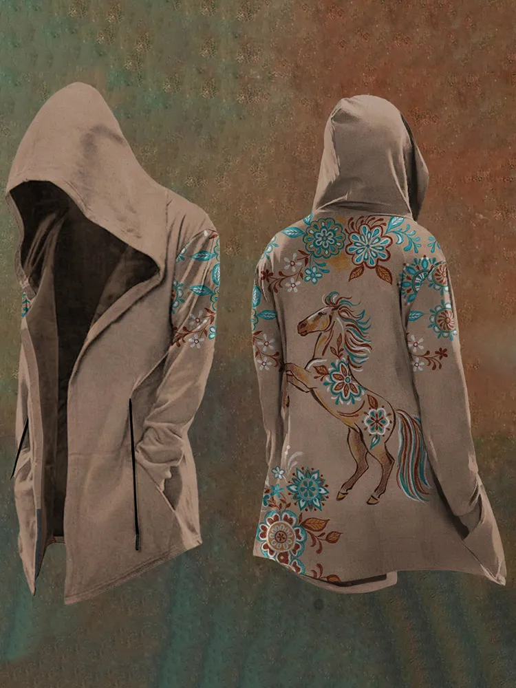 Women'S Retro Western Floral Horse Pattern Hooded Jacket