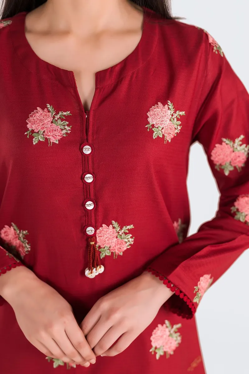 2 Piece Kurta | Embroidered & Pants | Red