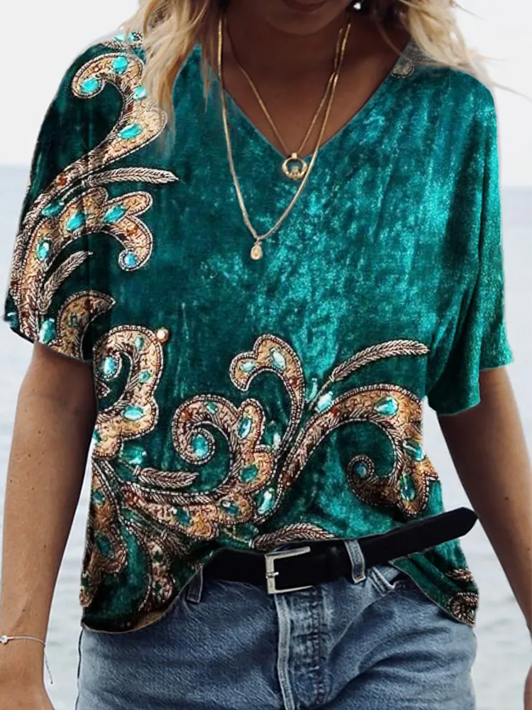 Rhinestone Floral Beaded Velvet V Neck T Shirt