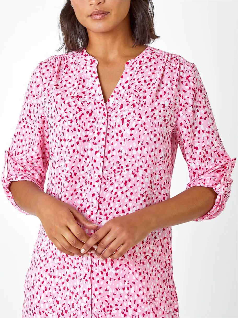 Pink Print Button Up V-Neck Blouse