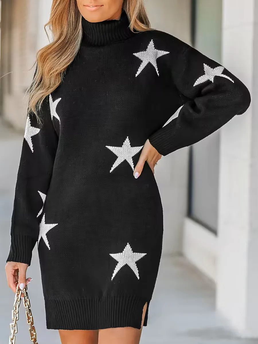 Women's Star Print Turtleneck Mini Sweater Dress