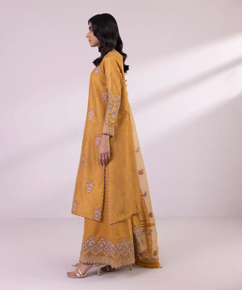 3 Piece - Embroidered Raw Silk Suit