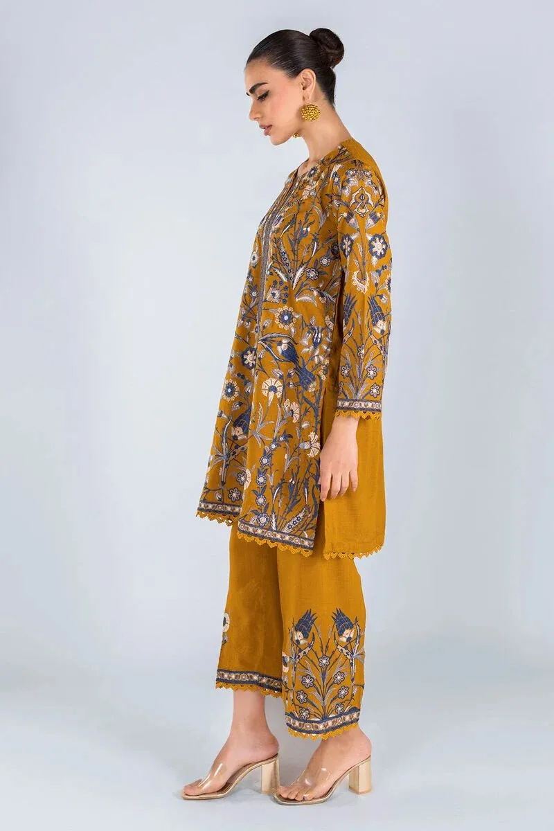 3 Piece Kurta Embroidered | Dupatta& Bottom & Tops | Color Ginger yellow