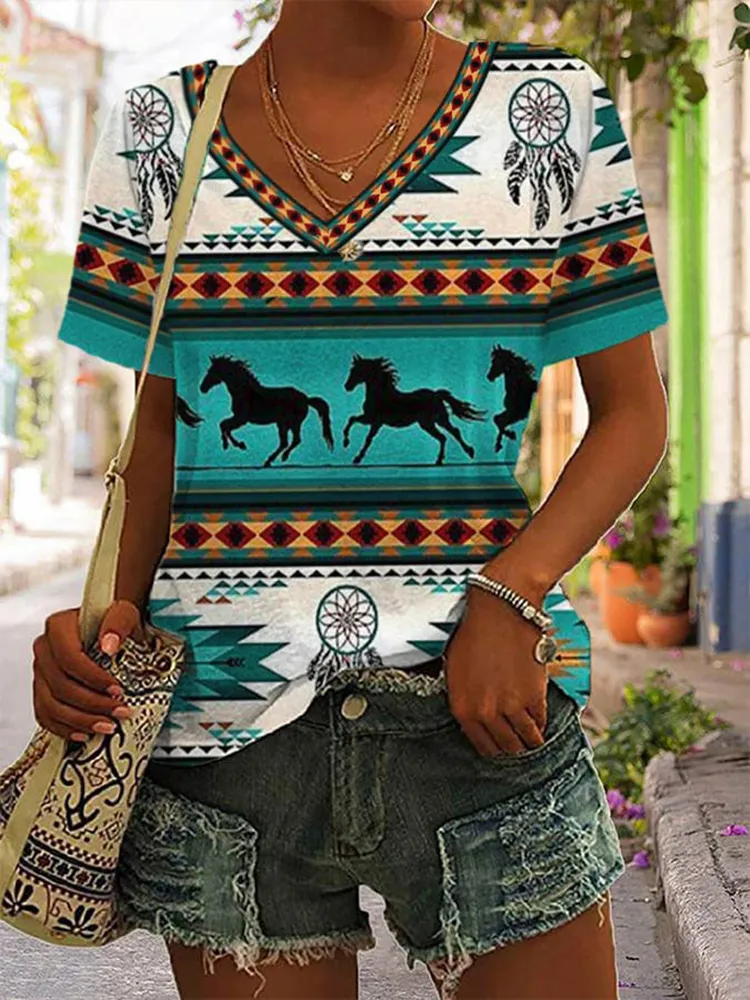 Western Ethnic Print V-Neck Short Sleeved T-Shirt