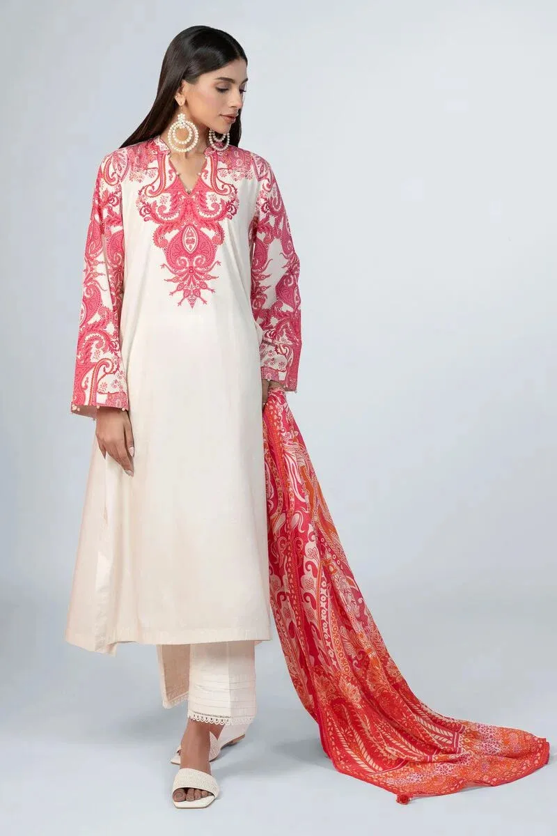 3 Piece Kurta Embroidered | Dupatta& Bottom & Tops | Color Red