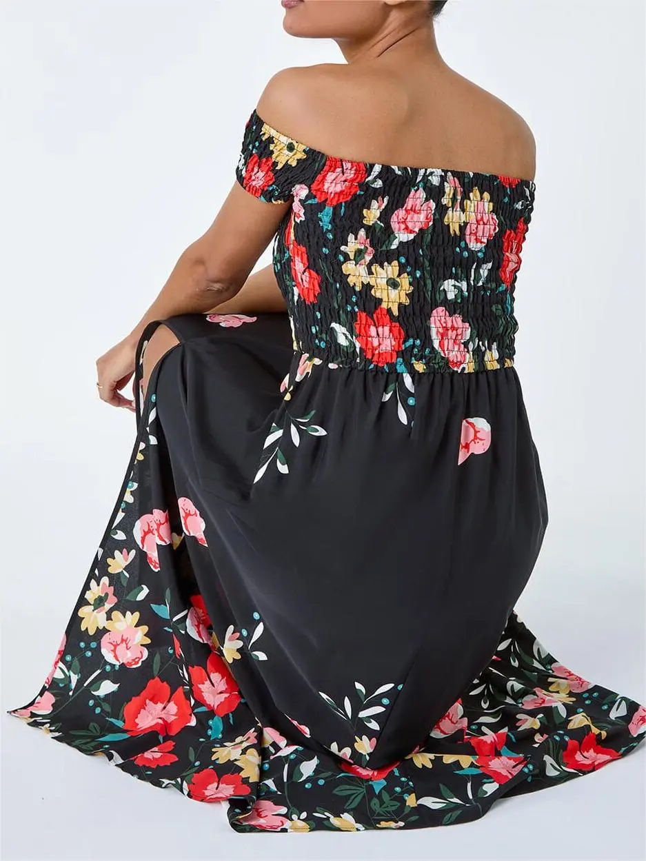 Floral off-shoulder slit dress