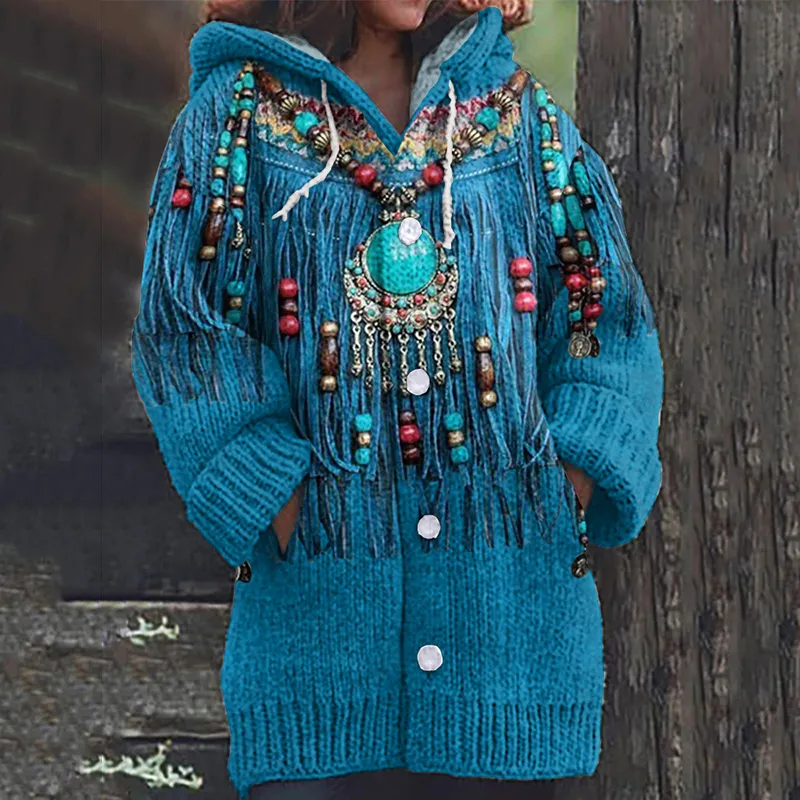 Western Tribal Tassels Printed Art Cozy Hooded Cardigan