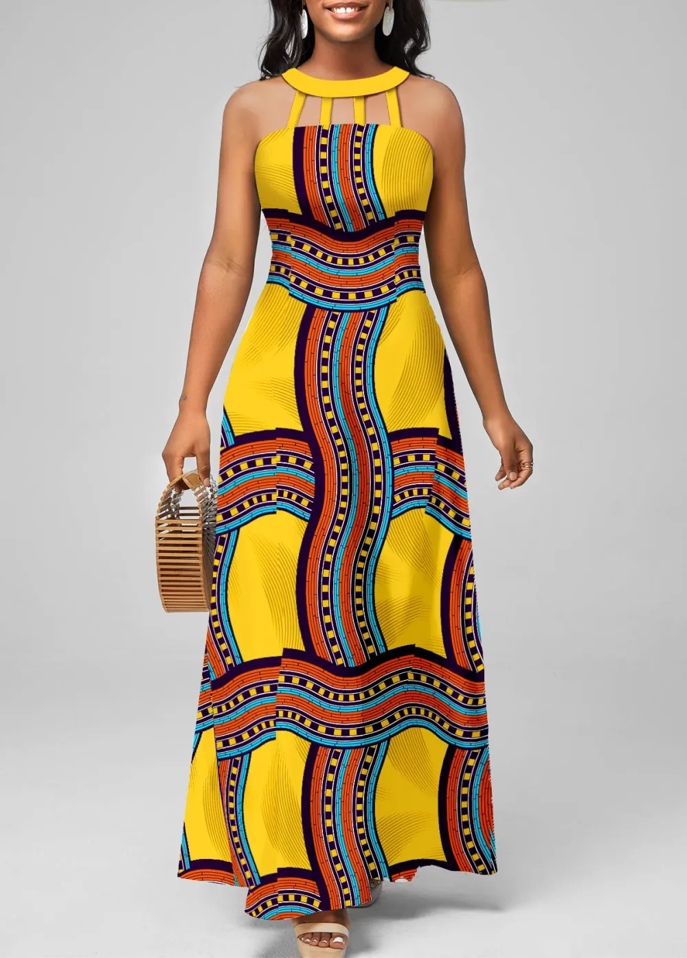 Tribal Print Cage Neck Royal Blue Maxi Dress