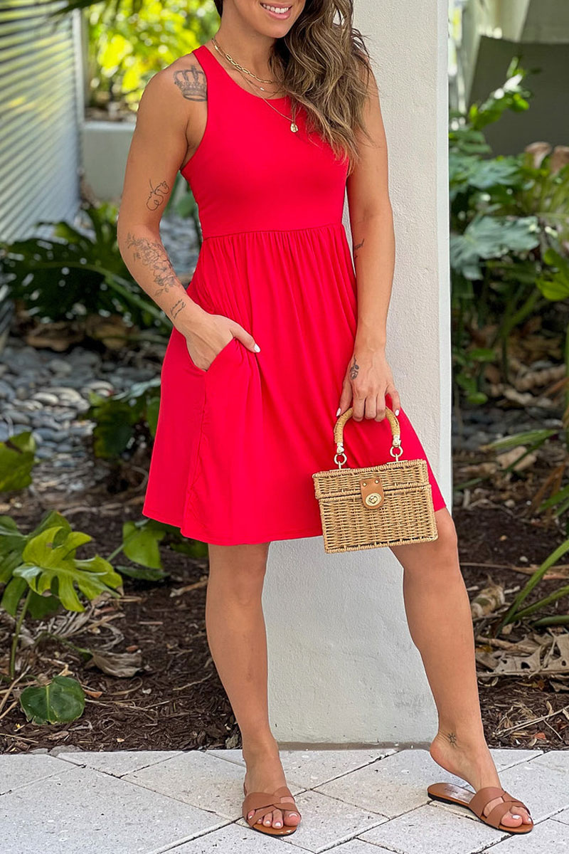 Red Racerback Short Dress With Pockets