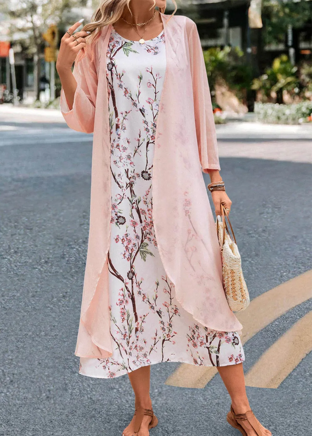 Floral Print Two Piece Pink Maxi Dress and Cardigan