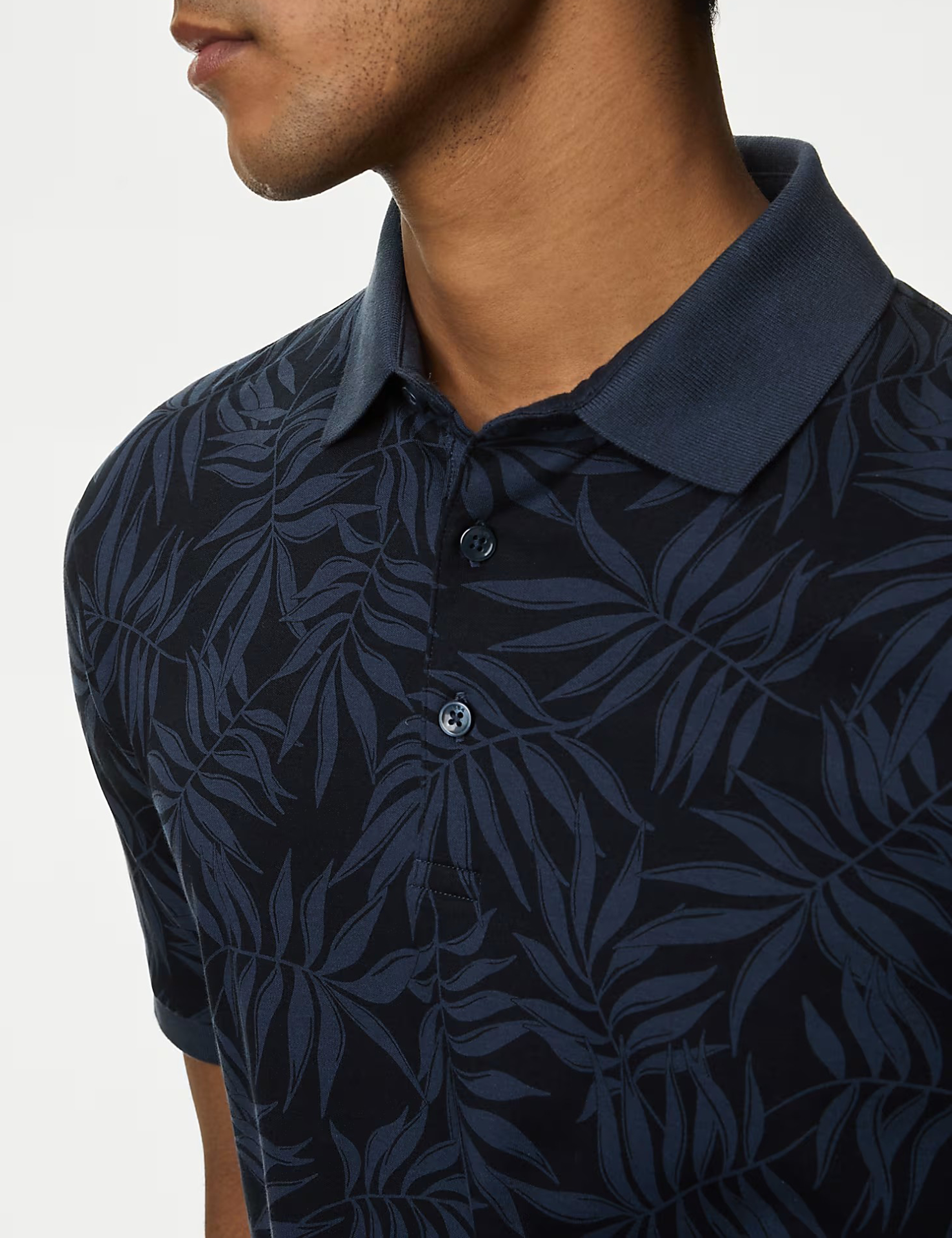 Pure Cotton Leaf Print Black Polo Shirt