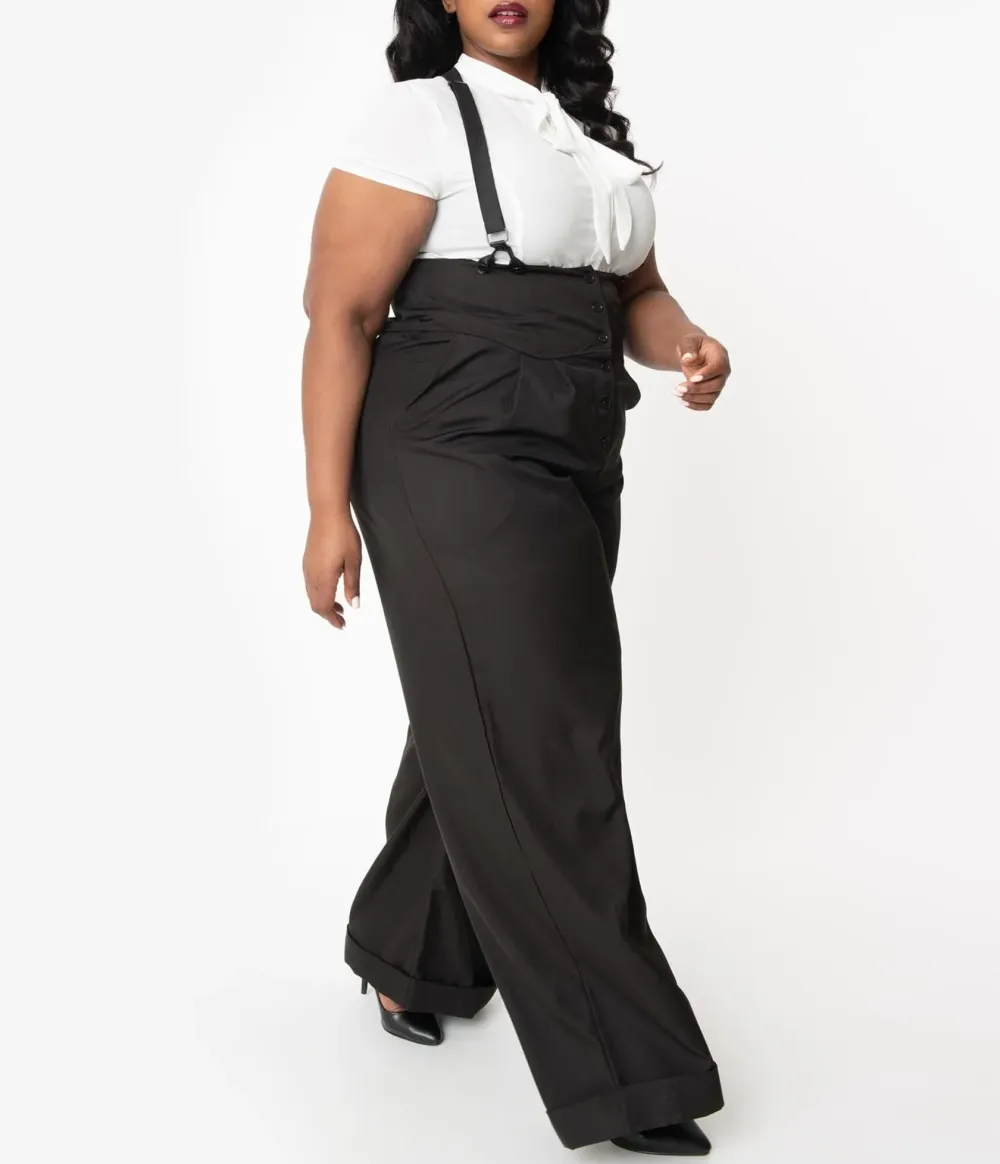 Unique Vintage Plus Size 1930s Black Thelma Suspender Pants