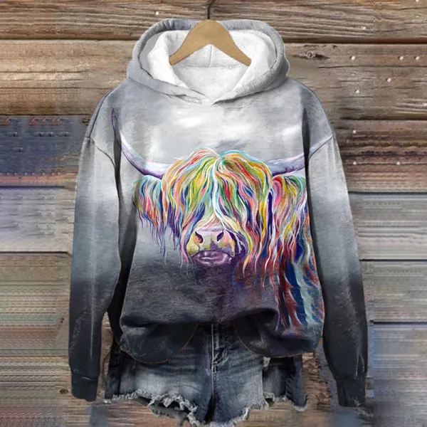 Women's Rainbow Highland Cow Print Casual Hoodie