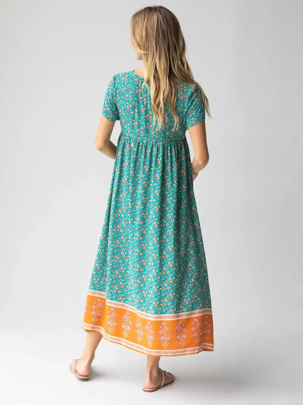 Avery Midi Dress - Turquoise Floral Border