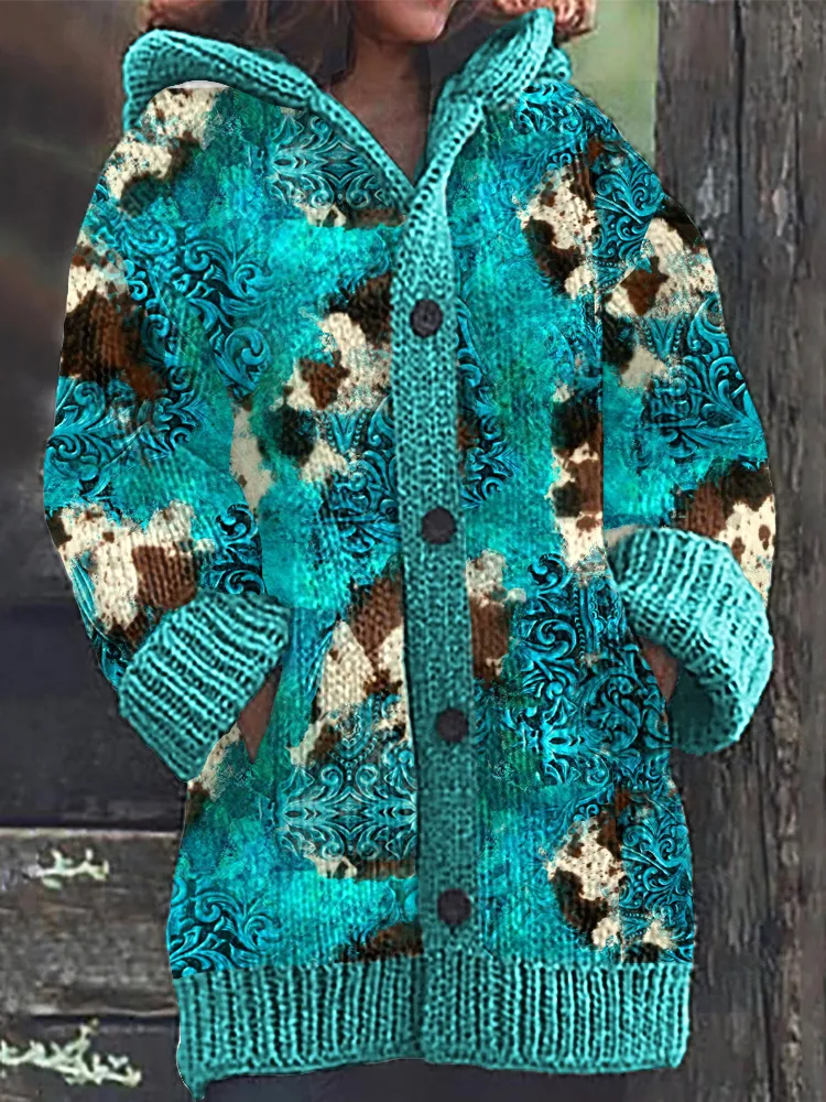 Western Pattern Casual Cozy Knit Hooded Cardigan