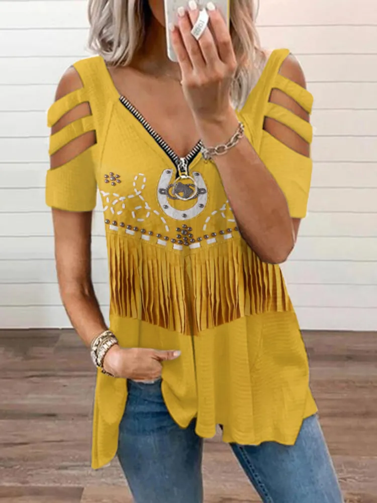 Western Leather Fringe Embroidery Shoulder Cutout Zipper Top