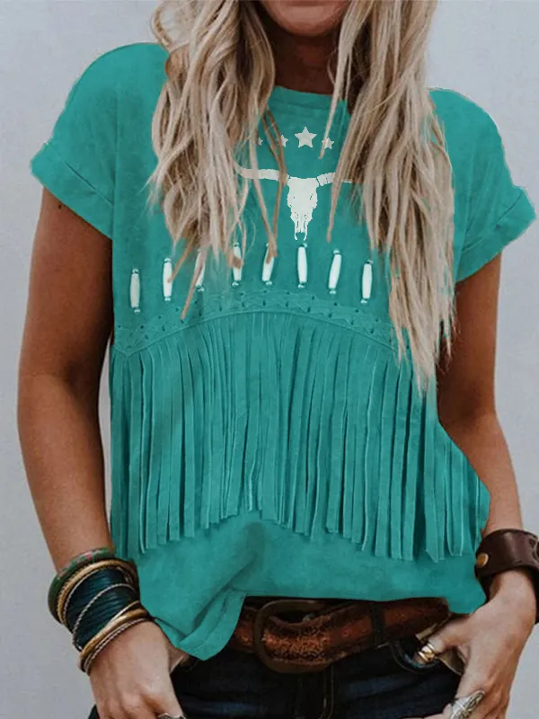 Vintage Western Fringe & Bull Skull Art T Shirt