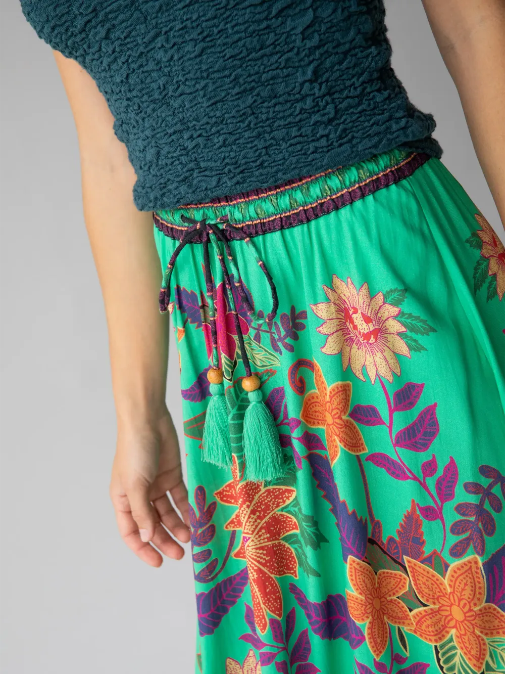 Milena Maxi Skirt - Green Bright Floral Border