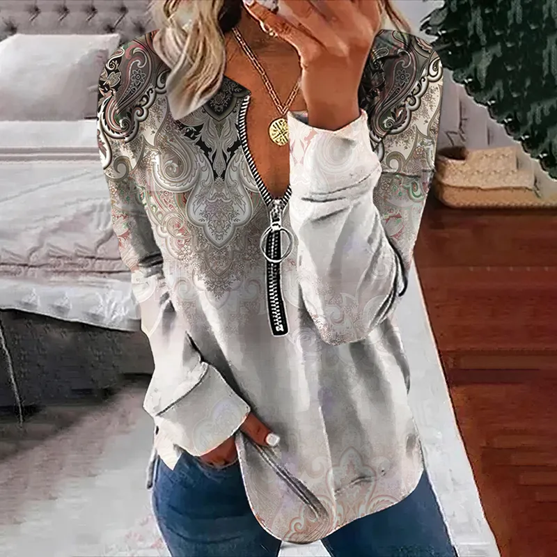 Vintage Print Long Sleeve V Neck Zip Sweatshirt