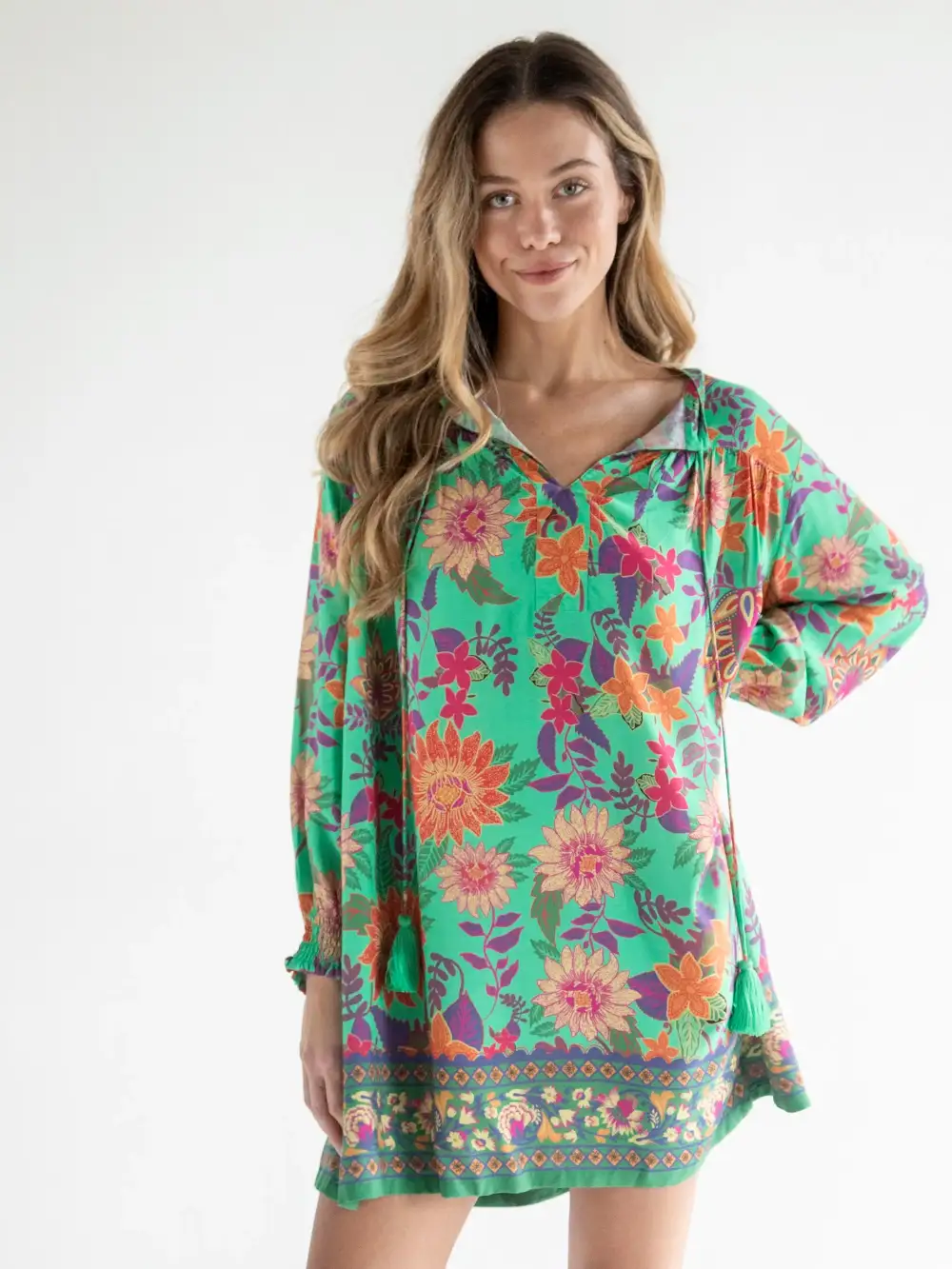 Dara V-Neck Tunic Dress - Green Floral Border