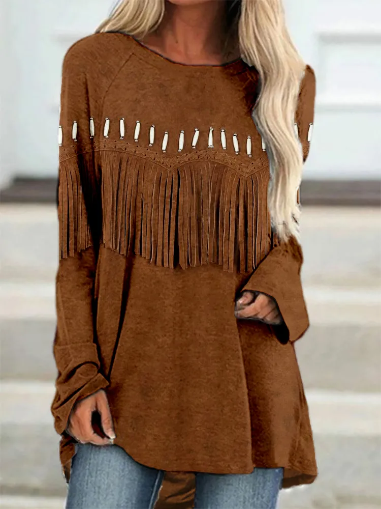 Western Leather Fringe Art Vintage A Line T Shirt