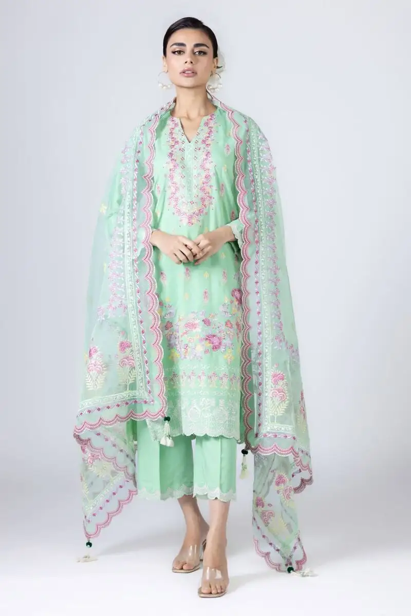 3 Piece Kurta Embroidered | Dupatta& Bottom & Tops | Color Light green