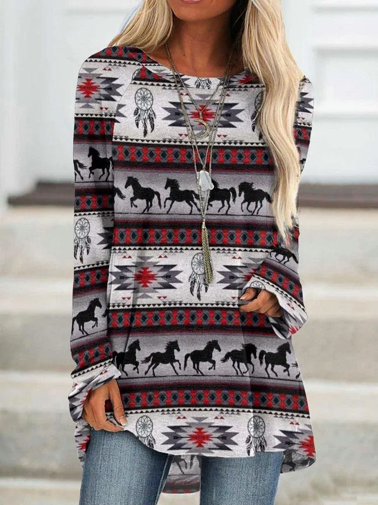 Casual Vintage Western Print Crew Neck Tunic