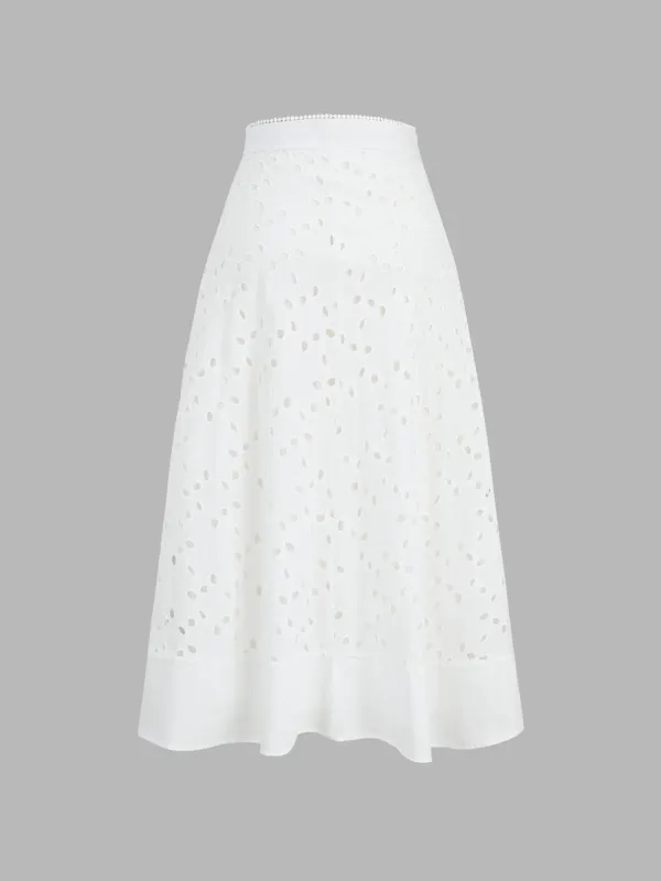 Eyelet Cotton Zippered Mid Skirt