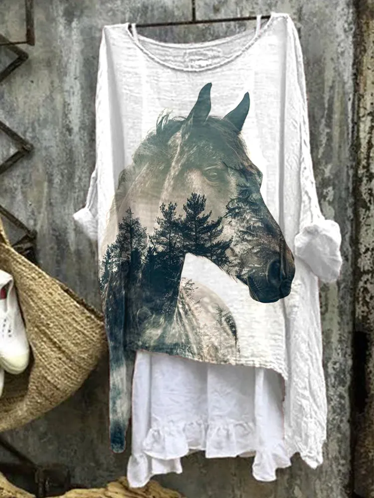 Vintage Horse Art Print Linen Blend Shirt