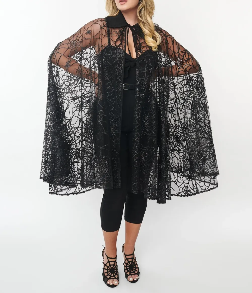 Unique Vintage Black Glitter Spiderweb Mesh Cape