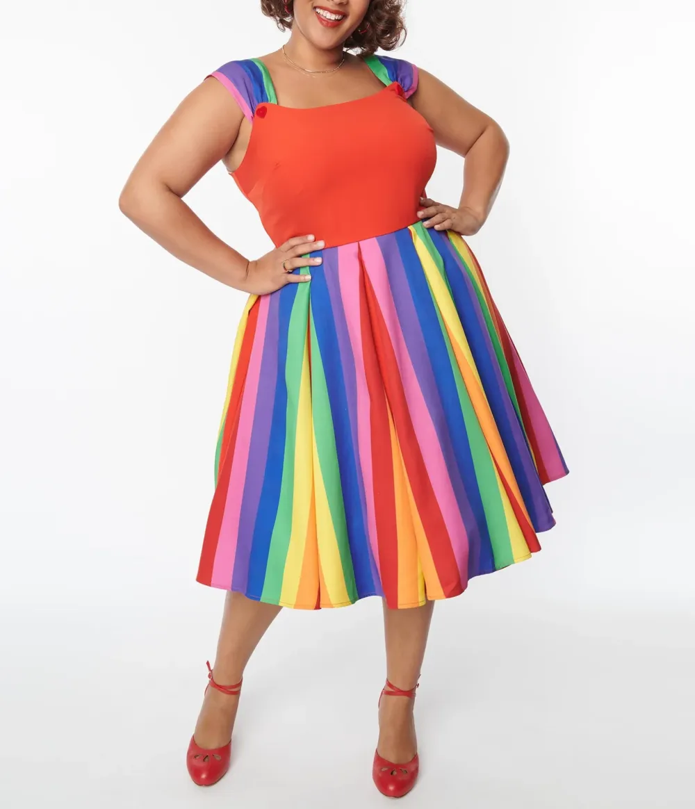 Unique Vintage Plus Size Red & Rainbow Stripe Swing Dress