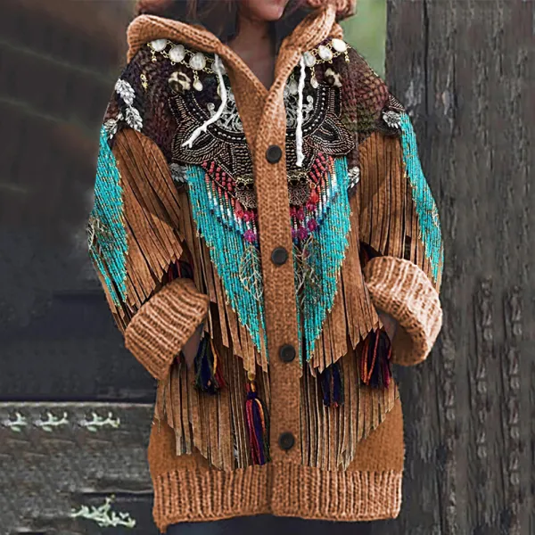 Western Fringe Print Knitted Hooded Cardigan