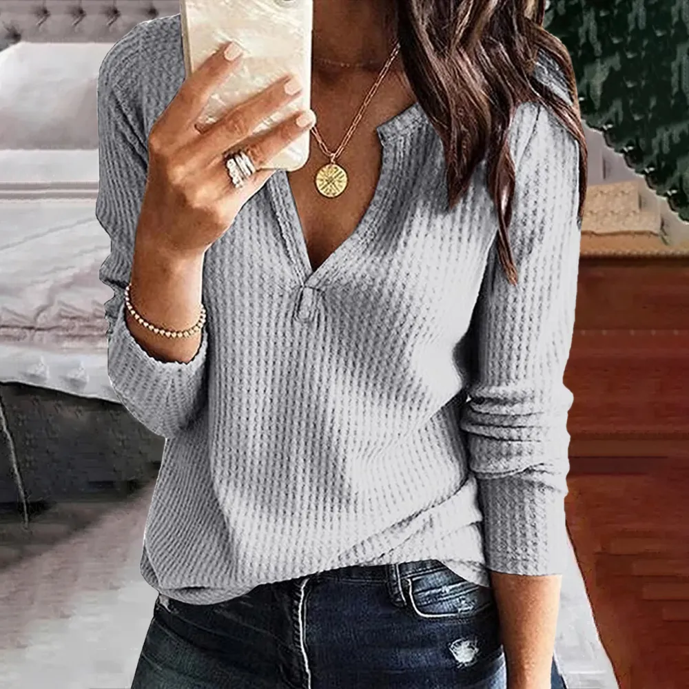 Solid Color V-Neck Long Sleeve Casual T-Shirt